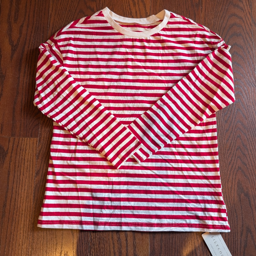 Lilycoco Red White Stripe Long Sleeve Shirt Cotton Coastal Nautical Beach S NEW
